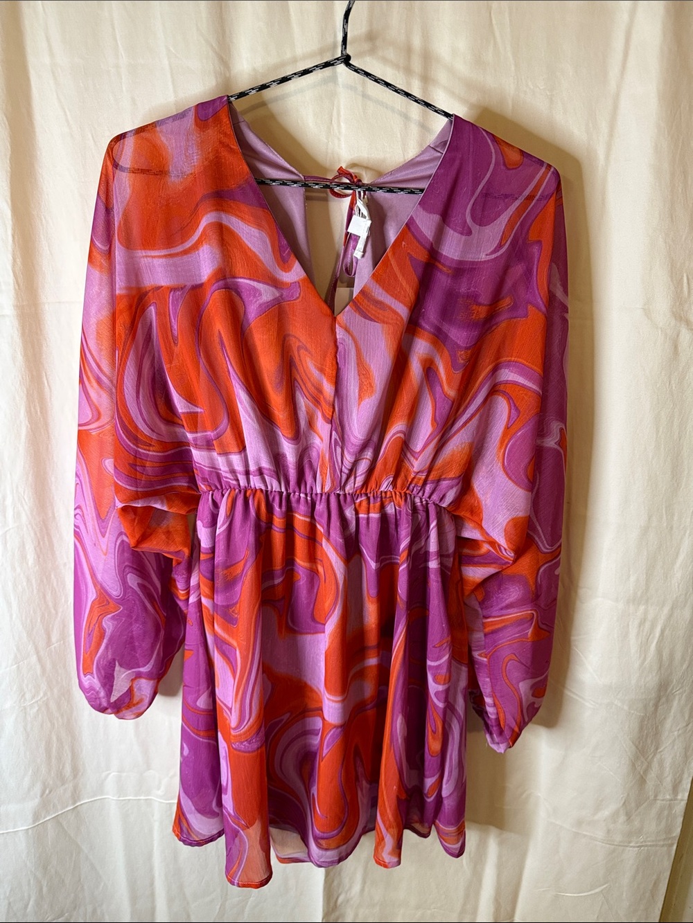 Peach Love California Purple & Orange Swirl Long Sleeve V-Neck Dress